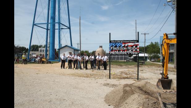 Those veterans taking part in the groundbreaking for Freedom Rock Memorial Park include, in front: Skip Grinhaug, Denny Kaletka, Bill Ondrashek, Rick Slifka, Ed Fontes, Mark Grinhaug, Harold Huhe and Jim Perry. Back: Duane “Doc” Teschler, Lee Pierce, Gary Klomp and Bruce Blaser.