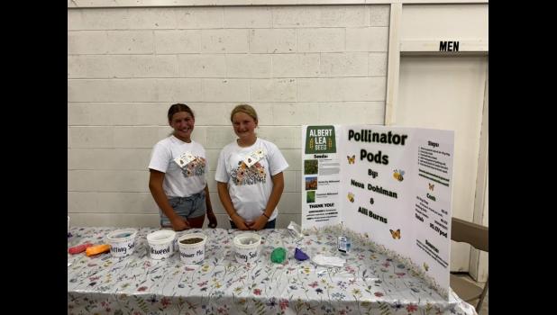 Neva Dohlman and Alli Burns display their experiment on Pollinator Pods at the Mighty Howard County Fair this year.