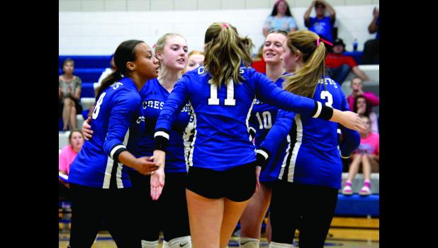 Members of the Crestwood volleyball team celebrate scoring a point during a recent match.